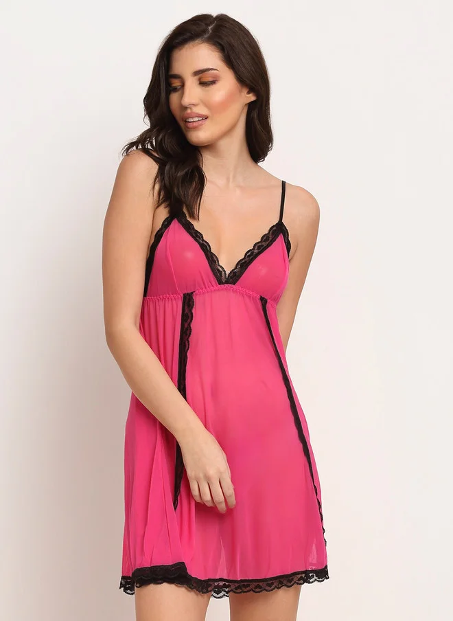 Laceandme Laceandme Pink Solid Baby Doll with Briefs